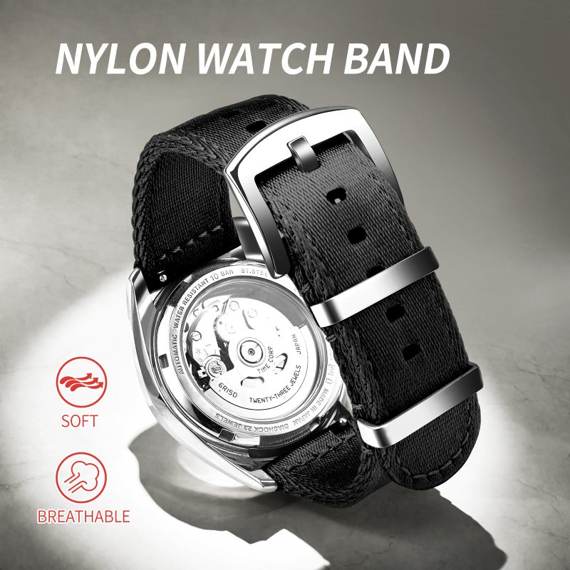 ULLCHRO Nylon Watch Strap Replacement Canvas Watch Band Military Army Men Women - 18mm, 20mm, 22mm, 24mm Watch Bracelet with Stainless Steel Silver Buckle (20mm, Black) - Image 2